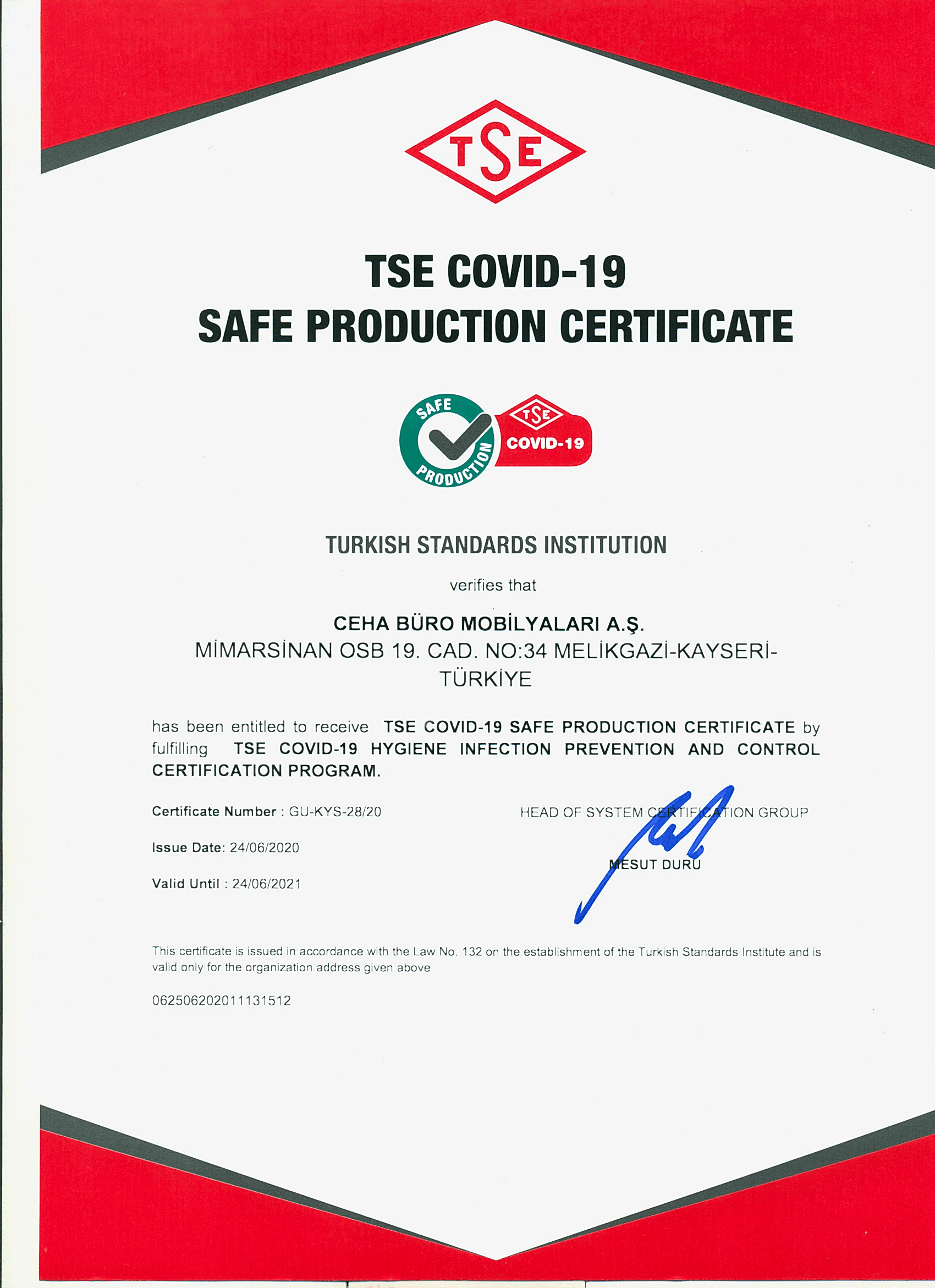   TSE COVID-19 GÜVENLİ ÜRETİM BELGESİ(İNGİLİZCE)